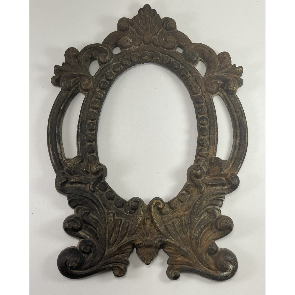 Antique Victorian Ornate Picture Frame Cast Iron Oval Table Scroll Baroque 4x6